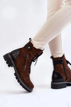 Clearance Zamszowe Ocieplane Botki 2508 Brązowe Damskie Botki Skórzane|Botki Sznurowane