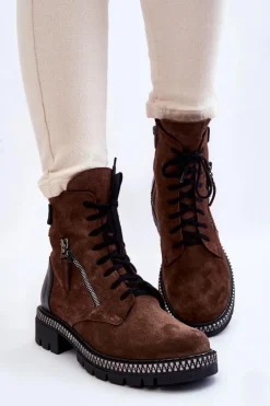 Clearance Zamszowe Ocieplane Botki 2508 Brązowe Damskie Botki Skórzane|Botki Sznurowane