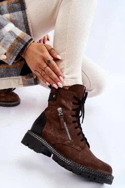 Clearance Zamszowe Ocieplane Botki 2508 Brązowe Damskie Botki Skórzane|Botki Sznurowane