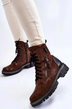 Clearance Zamszowe Ocieplane Botki 2508 Brązowe Damskie Botki Skórzane|Botki Sznurowane
