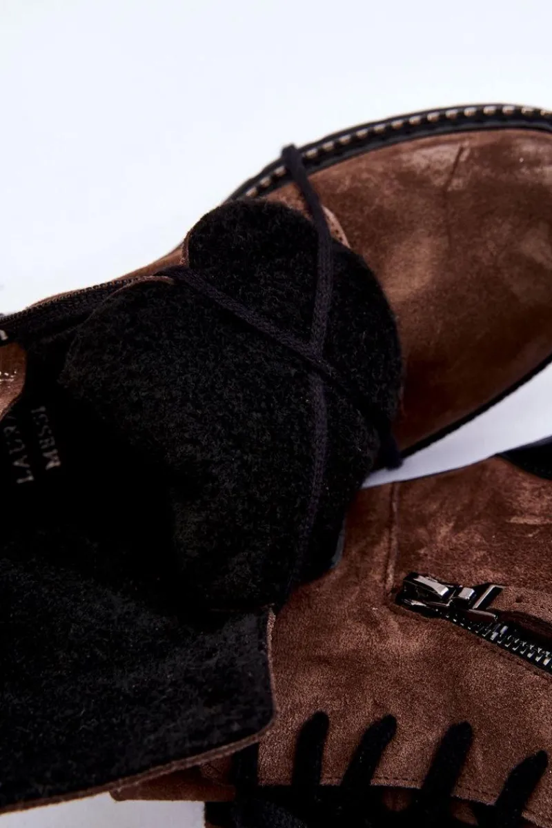 Clearance Zamszowe Ocieplane Botki 2508 Brązowe Damskie Botki Skórzane|Botki Sznurowane