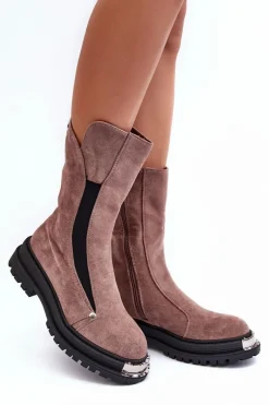 Czarne Botki|Botki Zimowe Damskie>Boto Zamszowe Ocieplane Botki Na Płaskim Obcasie Ciemnobeżowe Palimra