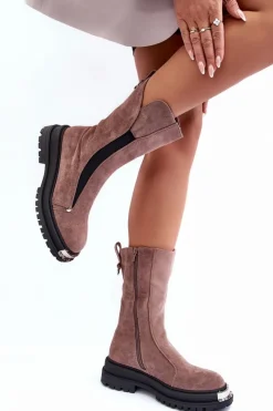 Czarne Botki|Botki Zimowe Damskie>Boto Zamszowe Ocieplane Botki Na Płaskim Obcasie Ciemnobeżowe Palimra