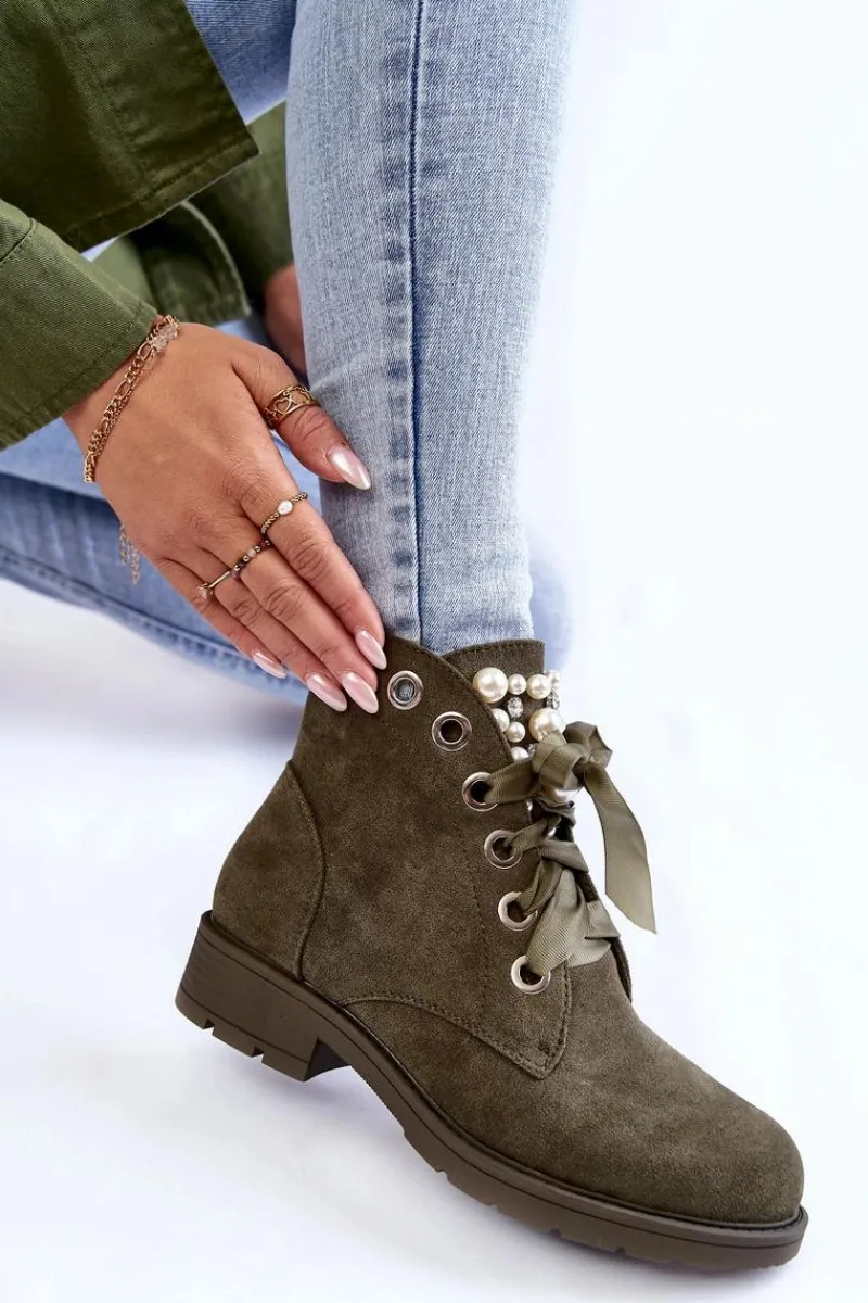 Online Boto Zamszowe Ocieplane Botki Na Suwak Z Perłami Zielone Raiso