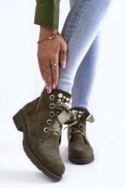 Online Boto Zamszowe Ocieplane Botki Na Suwak Z Perłami Zielone Raiso