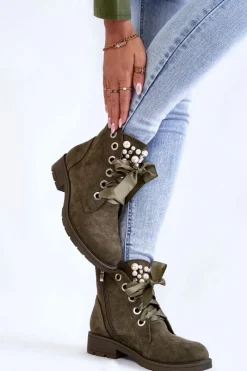 Online Boto Zamszowe Ocieplane Botki Na Suwak Z Perłami Zielone Raiso