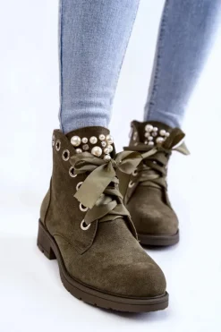 Online Boto Zamszowe Ocieplane Botki Na Suwak Z Perłami Zielone Raiso