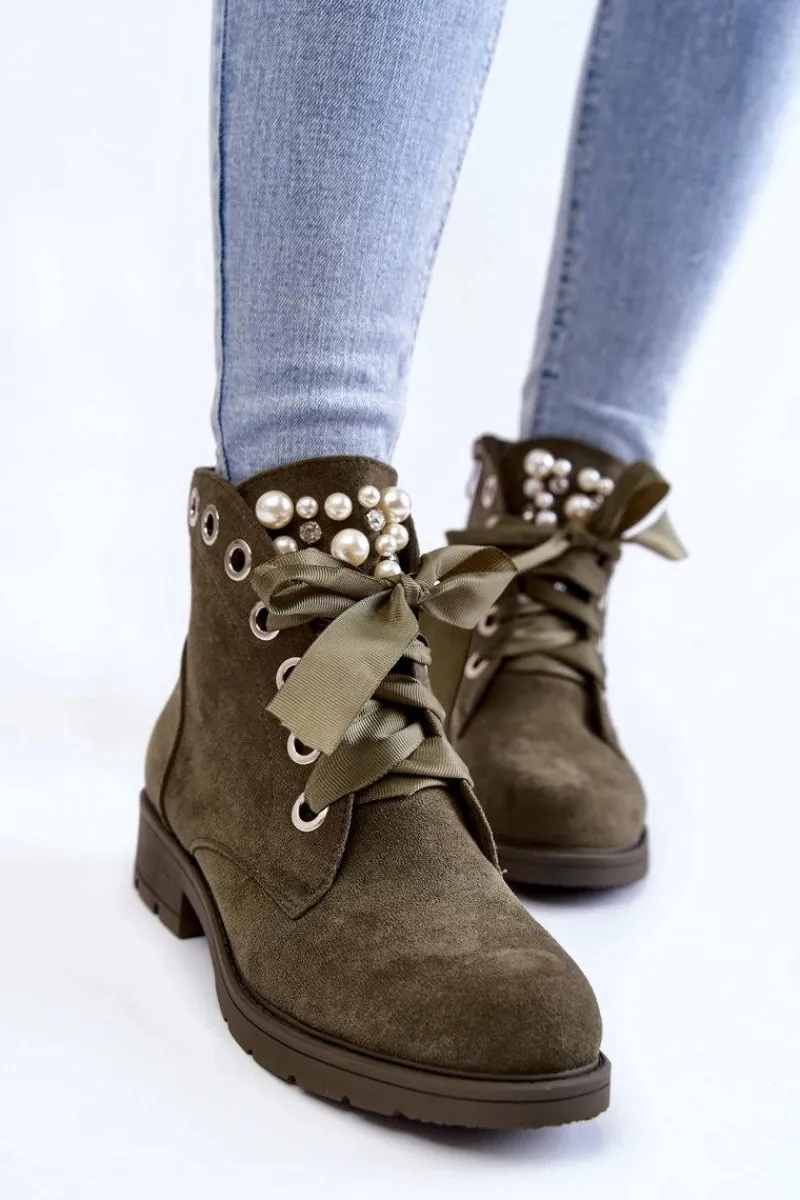 Online Boto Zamszowe Ocieplane Botki Na Suwak Z Perłami Zielone Raiso