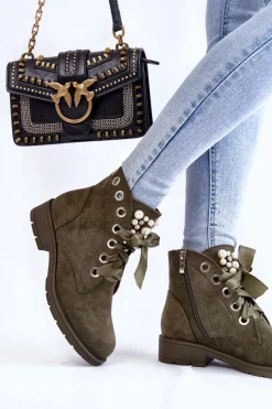 Online Boto Zamszowe Ocieplane Botki Na Suwak Z Perłami Zielone Raiso