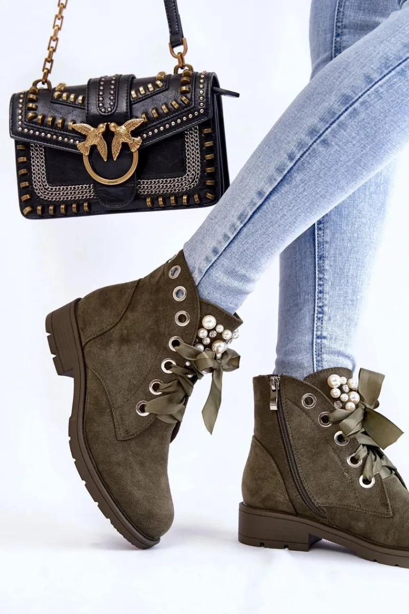 Online Boto Zamszowe Ocieplane Botki Na Suwak Z Perłami Zielone Raiso