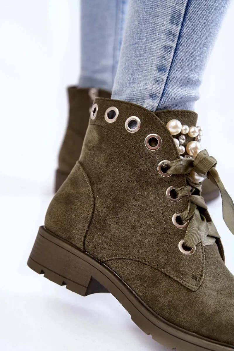 Online Boto Zamszowe Ocieplane Botki Na Suwak Z Perłami Zielone Raiso