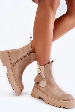 Czarne Botki|Botki Zimowe Damskie>Boto Zamszowe Ocieplane Botki Workery Ciemnobeżowe Magnis