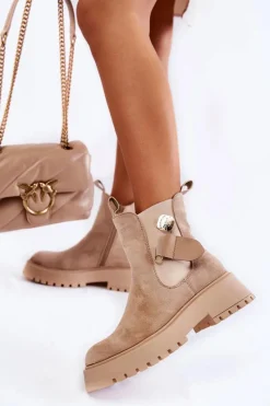 Czarne Botki|Botki Zimowe Damskie>Boto Zamszowe Ocieplane Botki Workery Ciemnobeżowe Magnis