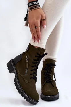 Clearance Zamszowe Ocieplane Botki 2508 Zielone Damskie Botki Ocieplane|Botki Skórzane