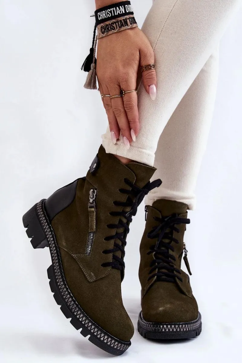 Clearance Zamszowe Ocieplane Botki 2508 Zielone Damskie Botki Ocieplane|Botki Skórzane