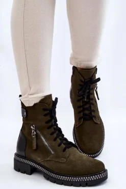 Clearance Zamszowe Ocieplane Botki 2508 Zielone Damskie Botki Ocieplane|Botki Skórzane