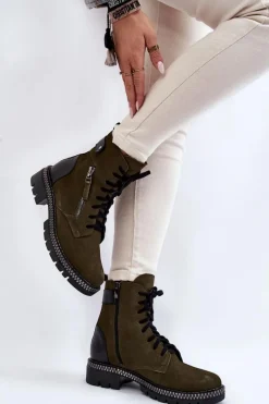 Clearance Zamszowe Ocieplane Botki 2508 Zielone Damskie Botki Ocieplane|Botki Skórzane