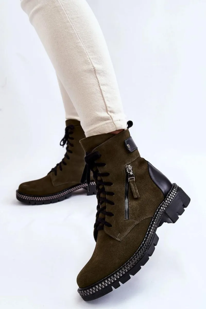Clearance Zamszowe Ocieplane Botki 2508 Zielone Damskie Botki Ocieplane|Botki Skórzane
