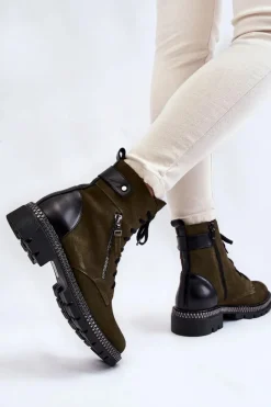 Clearance Zamszowe Ocieplane Botki 2508 Zielone Damskie Botki Ocieplane|Botki Skórzane