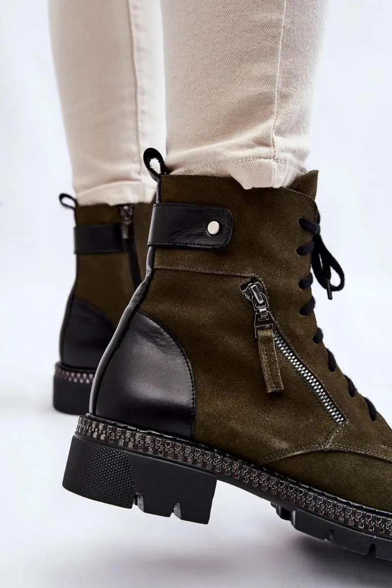 Clearance Zamszowe Ocieplane Botki 2508 Zielone Damskie Botki Ocieplane|Botki Skórzane