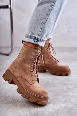 Clearance Zamszowe Ocieplane Botki Workery Brązowe Darvin Damskie Damskie Trapery|Botki Sznurowane