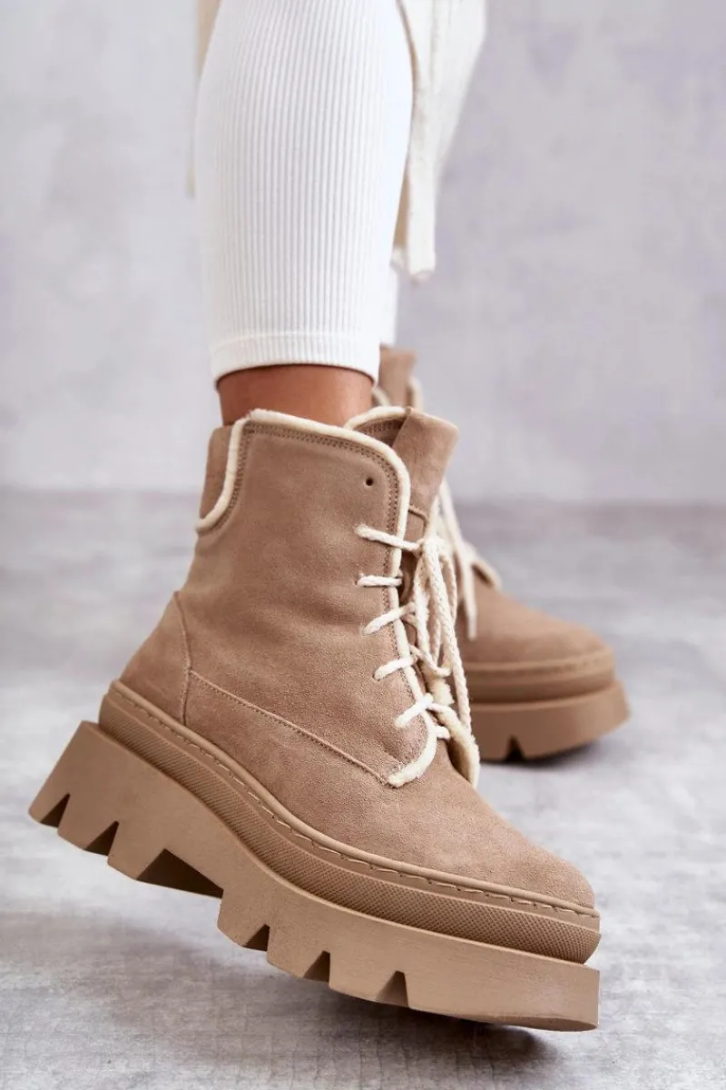 Botki Sznurowane|Botki Zimowe Damskie>Boto Zamszowe Ocieplane Botki Sznurowane Beżowe Lemar Elisabeth