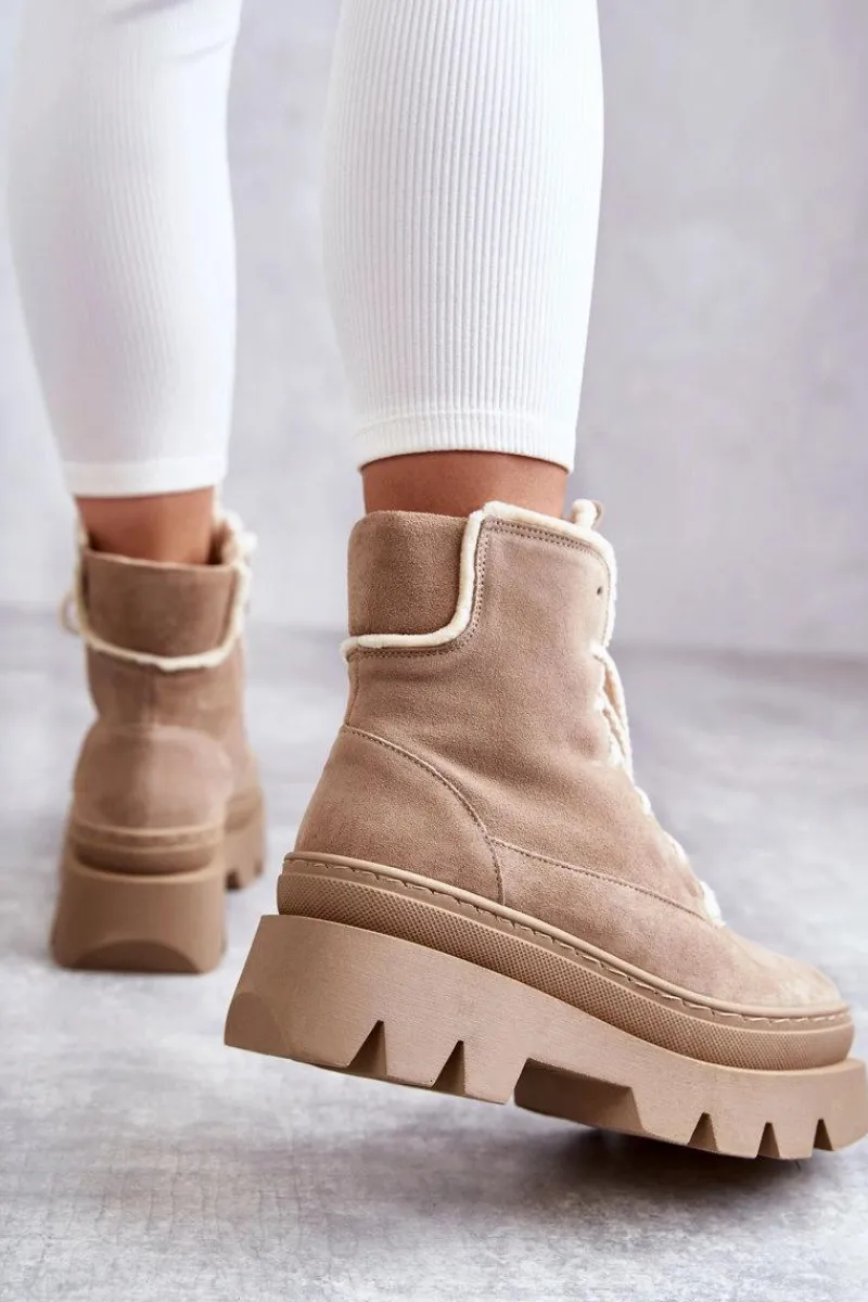 Botki Sznurowane|Botki Zimowe Damskie>Boto Zamszowe Ocieplane Botki Sznurowane Beżowe Lemar Elisabeth