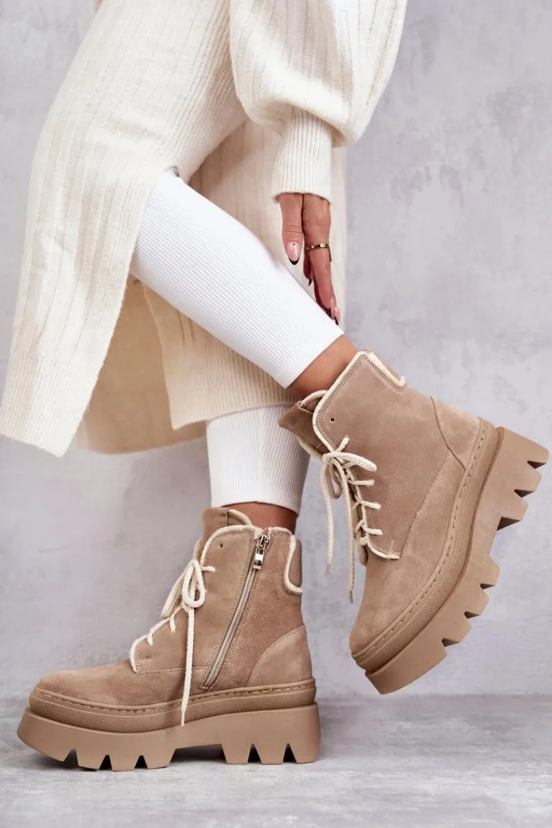 Botki Sznurowane|Botki Zimowe Damskie>Boto Zamszowe Ocieplane Botki Sznurowane Beżowe Lemar Elisabeth