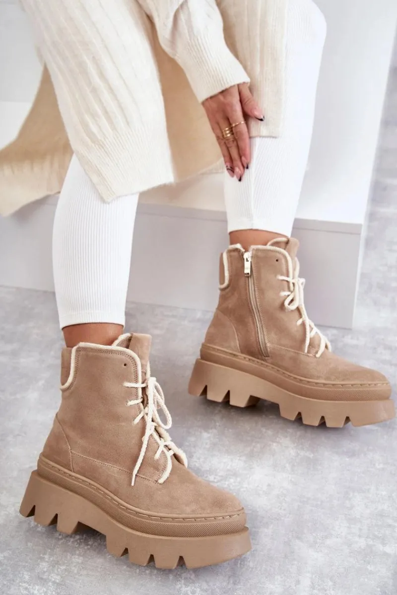 Botki Sznurowane|Botki Zimowe Damskie>Boto Zamszowe Ocieplane Botki Sznurowane Beżowe Lemar Elisabeth