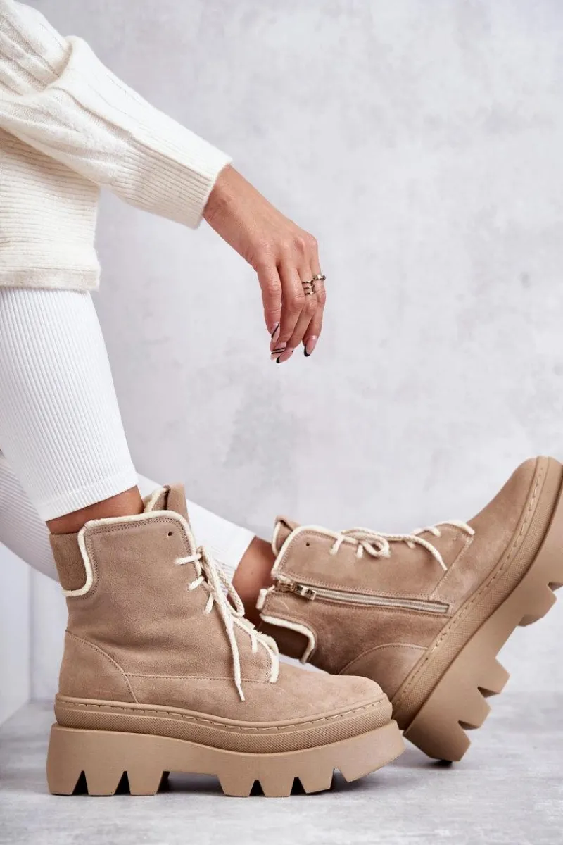 Botki Sznurowane|Botki Zimowe Damskie>Boto Zamszowe Ocieplane Botki Sznurowane Beżowe Lemar Elisabeth