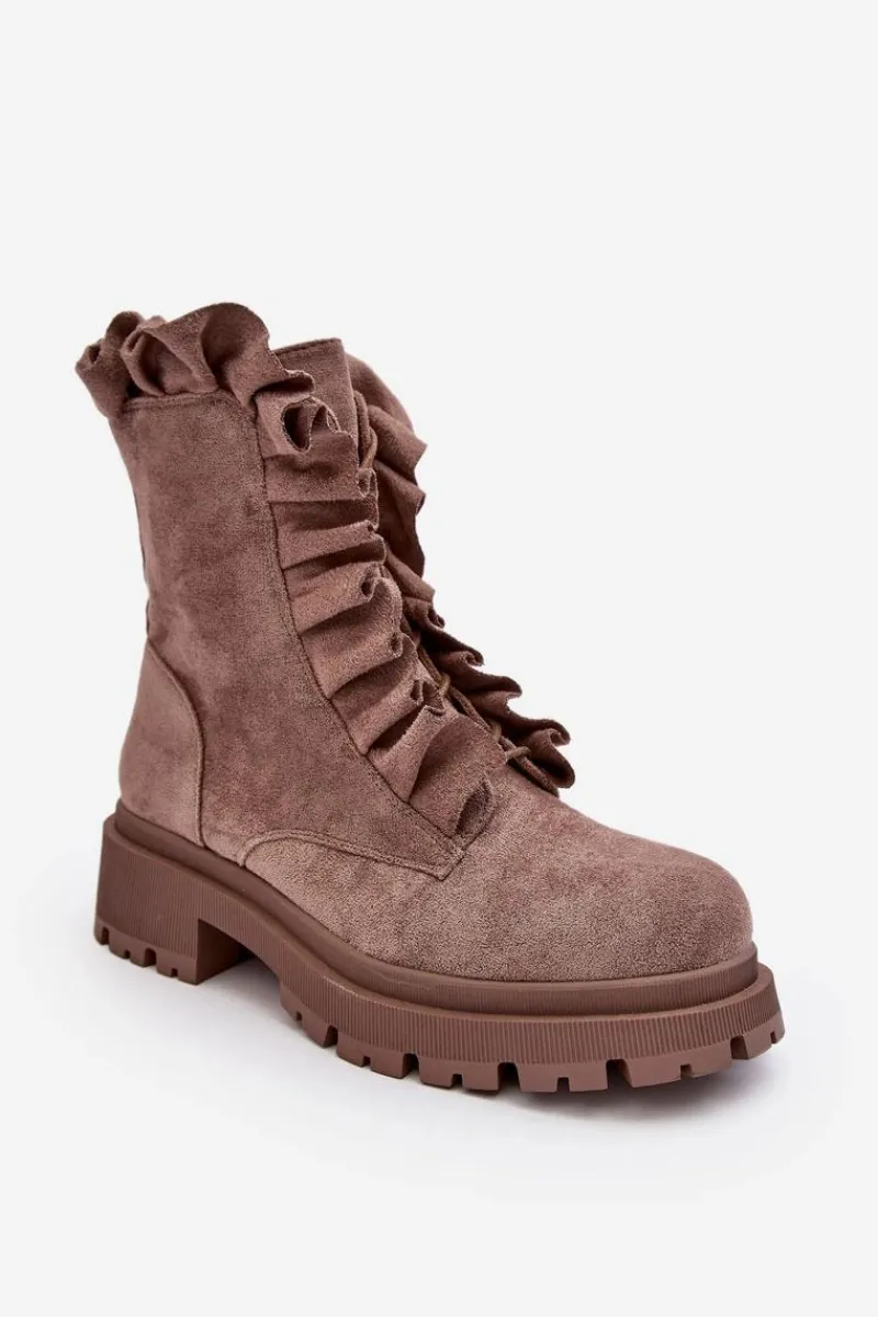 Zamszowe Ocieplane Botki Workery Na Płaskim Obcasie Ciemnobeżowe Nacelle Damskie Botki Zimowe Damskie|Brązowe I Beżowe Botki