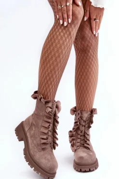 Zamszowe Ocieplane Botki Workery Na Płaskim Obcasie Ciemnobeżowe Nacelle Damskie Botki Zimowe Damskie|Brązowe I Beżowe Botki