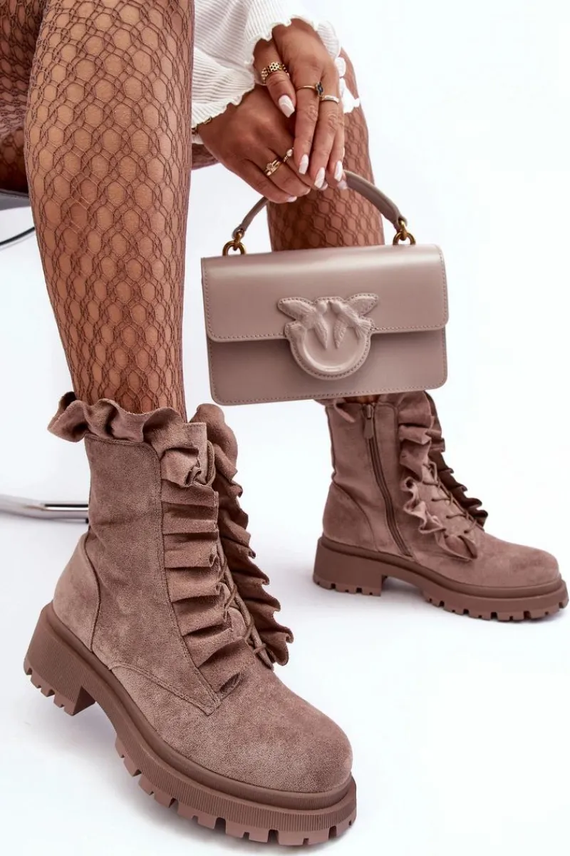 Zamszowe Ocieplane Botki Workery Na Płaskim Obcasie Ciemnobeżowe Nacelle Damskie Botki Zimowe Damskie|Brązowe I Beżowe Botki