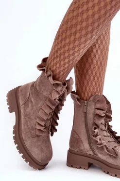 Zamszowe Ocieplane Botki Workery Na Płaskim Obcasie Ciemnobeżowe Nacelle Damskie Botki Zimowe Damskie|Brązowe I Beżowe Botki