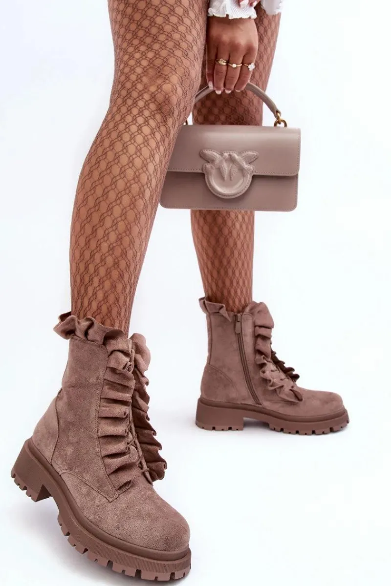 Zamszowe Ocieplane Botki Workery Na Płaskim Obcasie Ciemnobeżowe Nacelle Damskie Botki Zimowe Damskie|Brązowe I Beżowe Botki