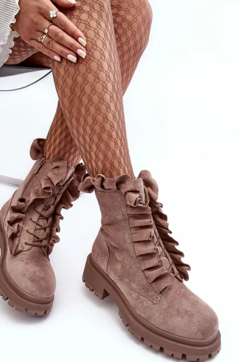Zamszowe Ocieplane Botki Workery Na Płaskim Obcasie Ciemnobeżowe Nacelle Damskie Botki Zimowe Damskie|Brązowe I Beżowe Botki