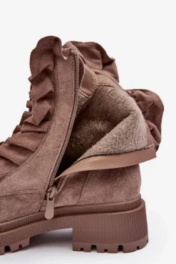 Zamszowe Ocieplane Botki Workery Na Płaskim Obcasie Ciemnobeżowe Nacelle Damskie Botki Zimowe Damskie|Brązowe I Beżowe Botki