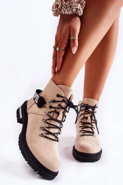 New Zamszowe Ocieplane Botki Z Paskiem Beżowe Aurelio Damskie Botki Ocieplane|Damskie Trapery