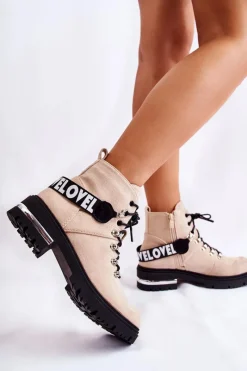 New Zamszowe Ocieplane Botki Z Paskiem Beżowe Aurelio Damskie Botki Ocieplane|Damskie Trapery