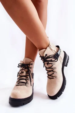 New Zamszowe Ocieplane Botki Z Paskiem Beżowe Aurelio Damskie Botki Ocieplane|Damskie Trapery