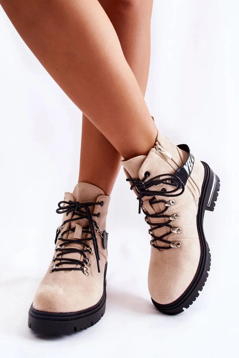 New Zamszowe Ocieplane Botki Z Paskiem Beżowe Aurelio Damskie Botki Ocieplane|Damskie Trapery