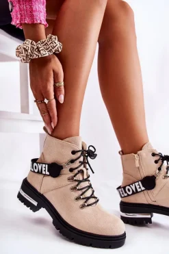 New Zamszowe Ocieplane Botki Z Paskiem Beżowe Aurelio Damskie Botki Ocieplane|Damskie Trapery