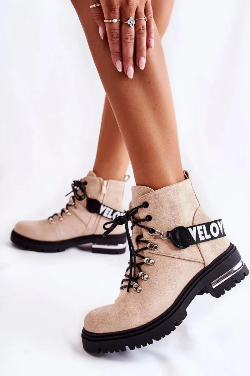 New Zamszowe Ocieplane Botki Z Paskiem Beżowe Aurelio Damskie Botki Ocieplane|Damskie Trapery