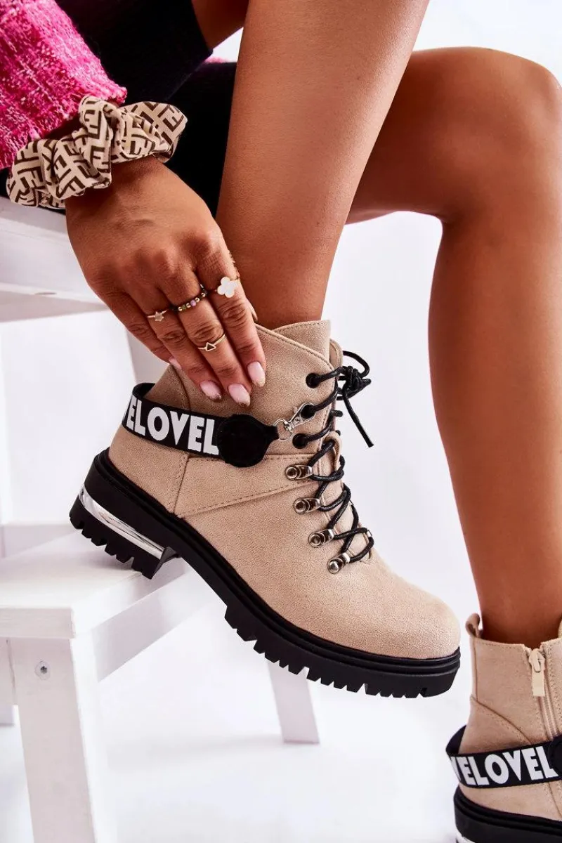 New Zamszowe Ocieplane Botki Z Paskiem Beżowe Aurelio Damskie Botki Ocieplane|Damskie Trapery