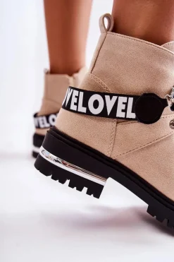 New Zamszowe Ocieplane Botki Z Paskiem Beżowe Aurelio Damskie Botki Ocieplane|Damskie Trapery