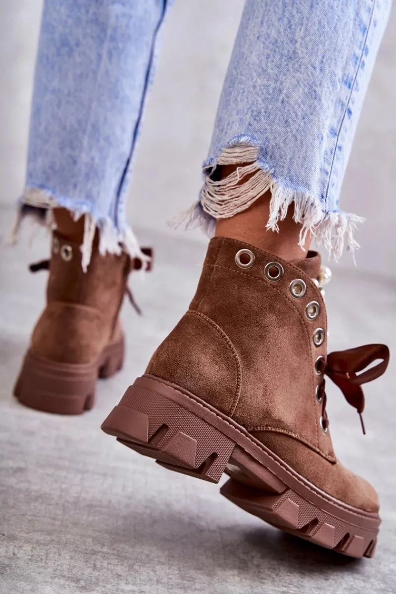 Botki Sznurowane|Botki Zimowe Damskie>Boto Zamszowe Ocieplane Botki Z Perłami Brązowe Roco