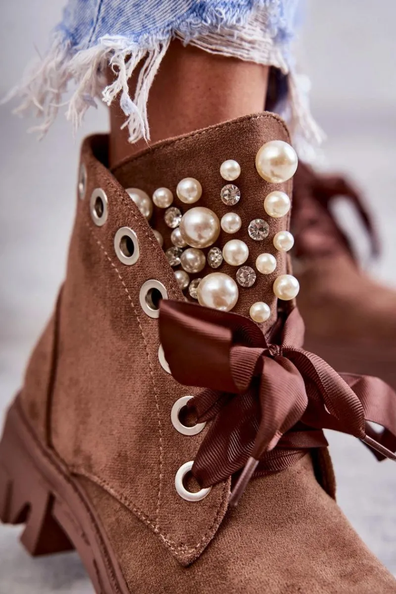 Botki Sznurowane|Botki Zimowe Damskie>Boto Zamszowe Ocieplane Botki Z Perłami Brązowe Roco