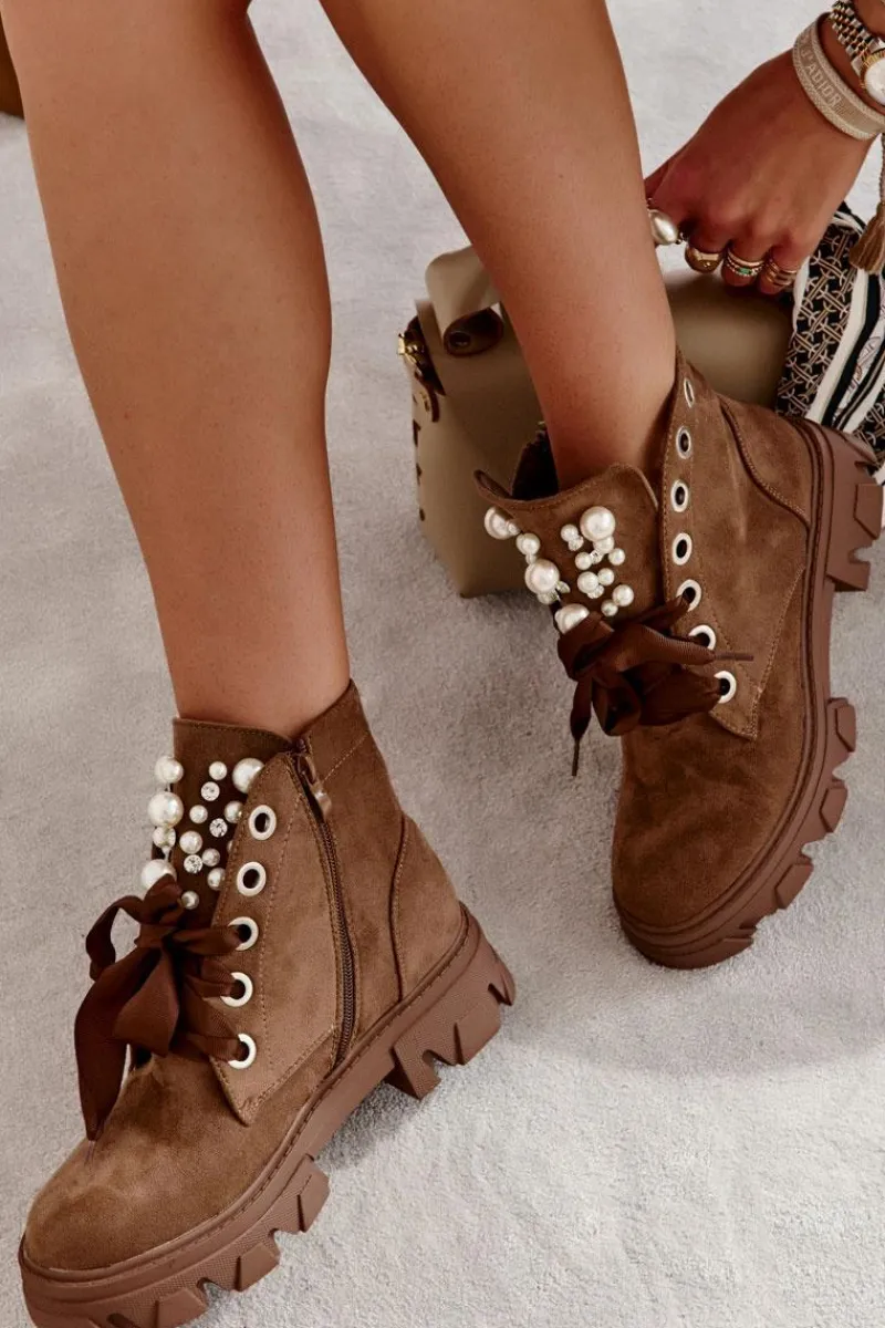 Botki Sznurowane|Botki Zimowe Damskie>Boto Zamszowe Ocieplane Botki Z Perłami Brązowe Roco