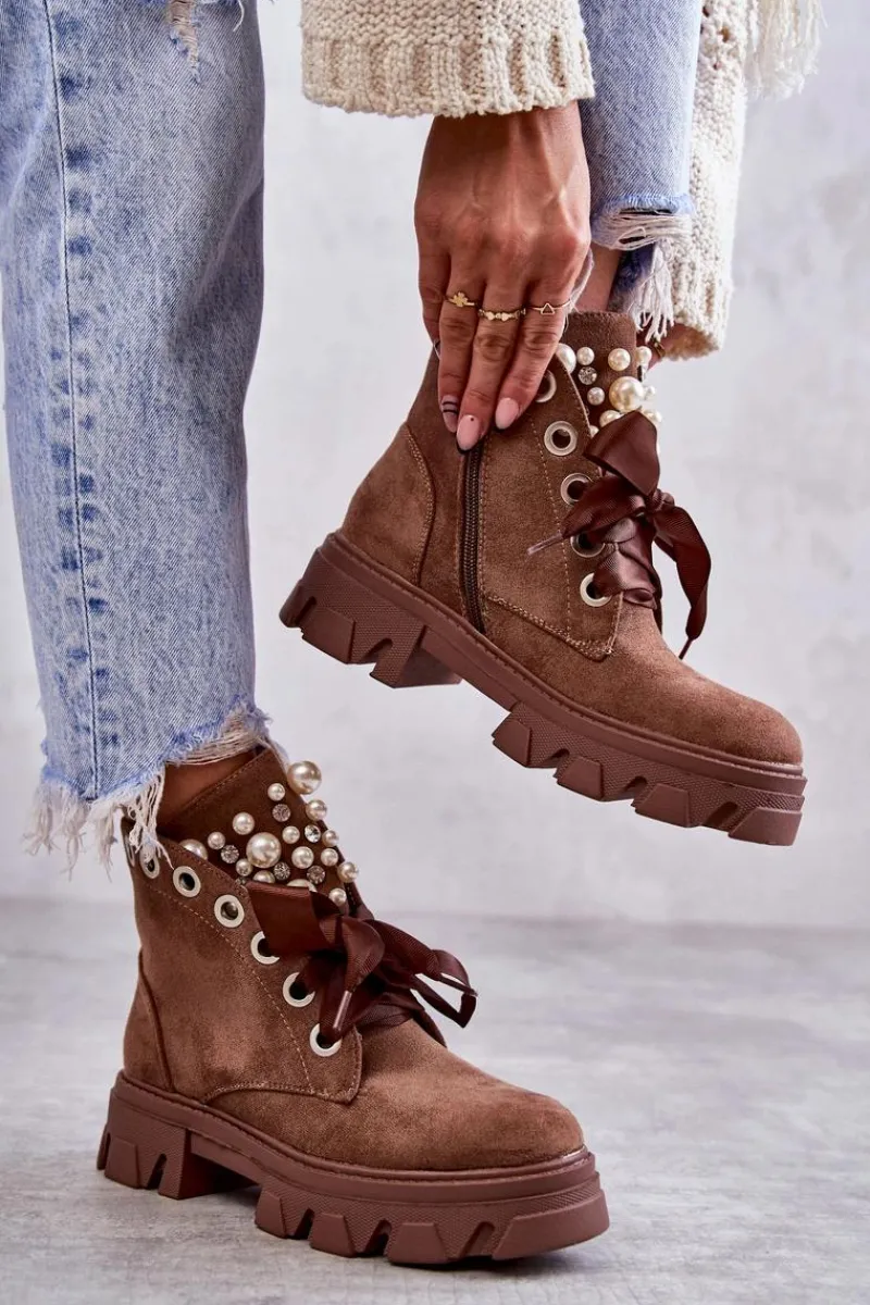 Botki Sznurowane|Botki Zimowe Damskie>Boto Zamszowe Ocieplane Botki Z Perłami Brązowe Roco