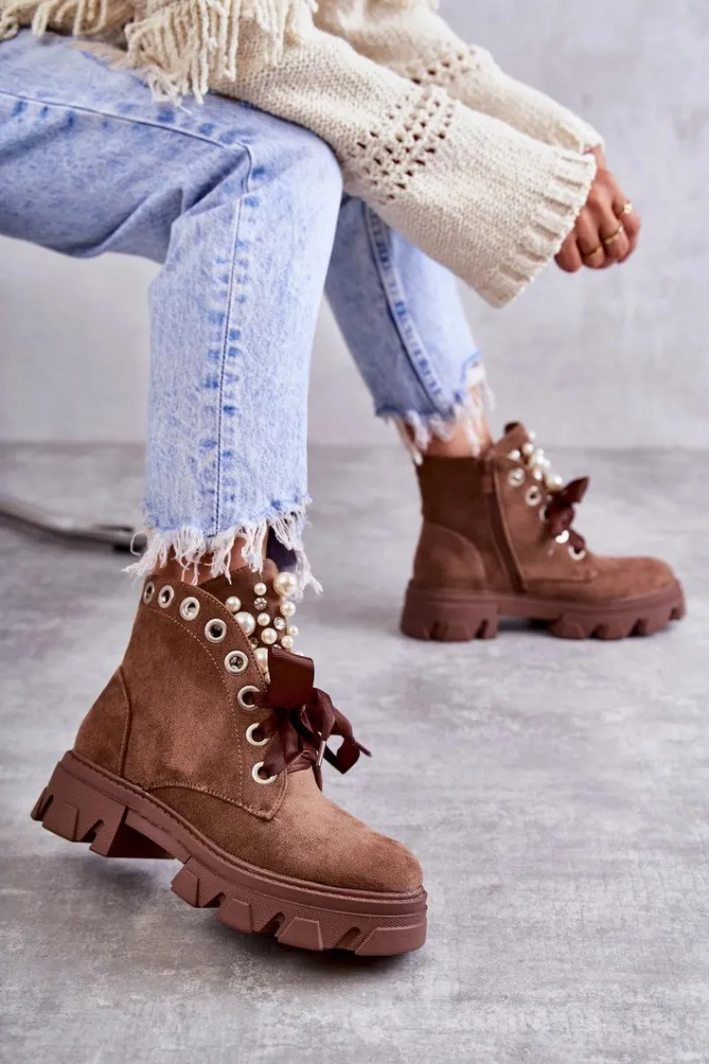 Botki Sznurowane|Botki Zimowe Damskie>Boto Zamszowe Ocieplane Botki Z Perłami Brązowe Roco
